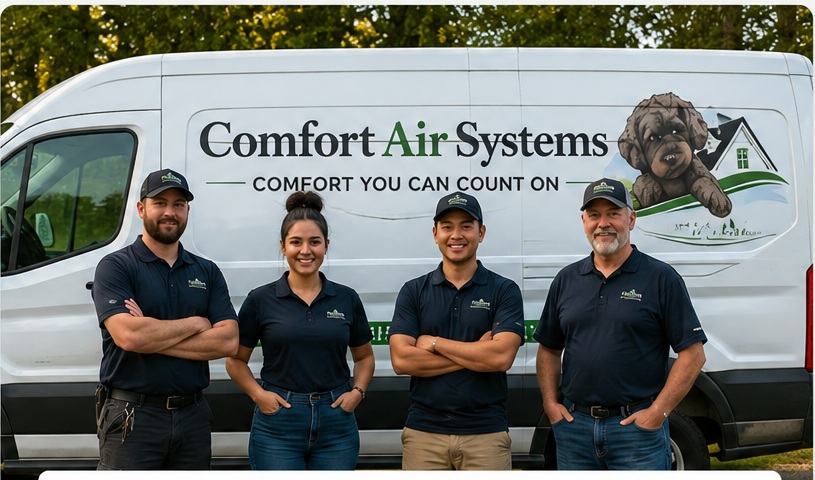 Comfort Air Systems team standing in front of a company service van