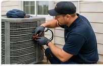 Technician repairing an outdoor air conditioner