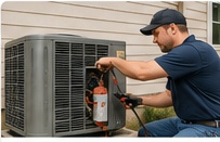 Technician servicing a heat pump