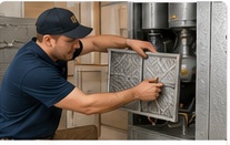 Technician performing preventative HVAC maintenance