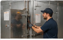Technician working on commercial refrigeration equipment